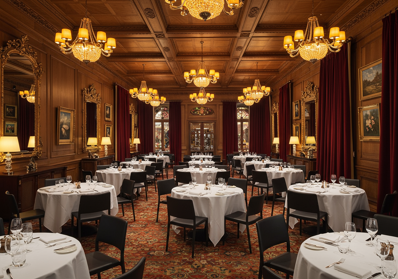 Ornate restaurant dining room with crystal chandeliers, burgundy curtains, and white-clothed tables.