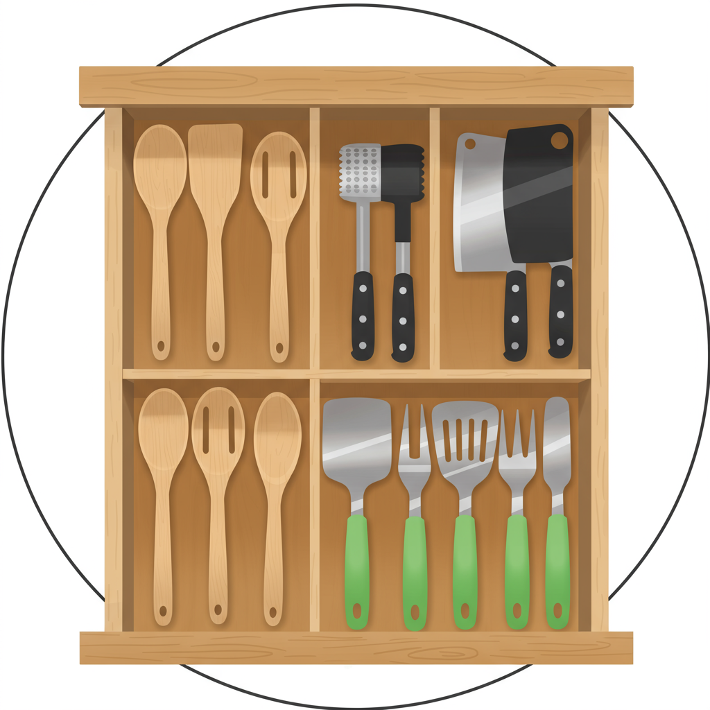 Kitchen utensils neatly sorted into compartments in a wooden drawer.