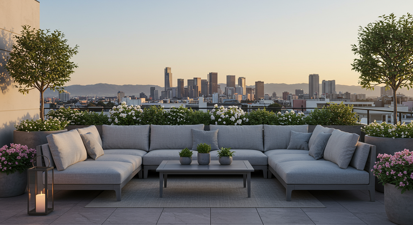 a deck with a couch and a table with a view of the water