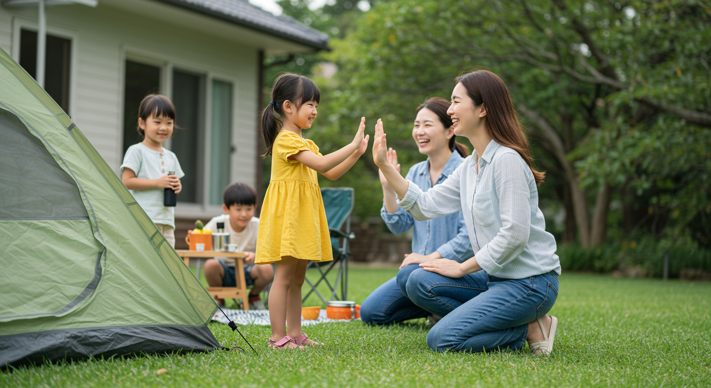 Family backyard camping beside a tent, with a woman and girl high-fiving on the lawn.
