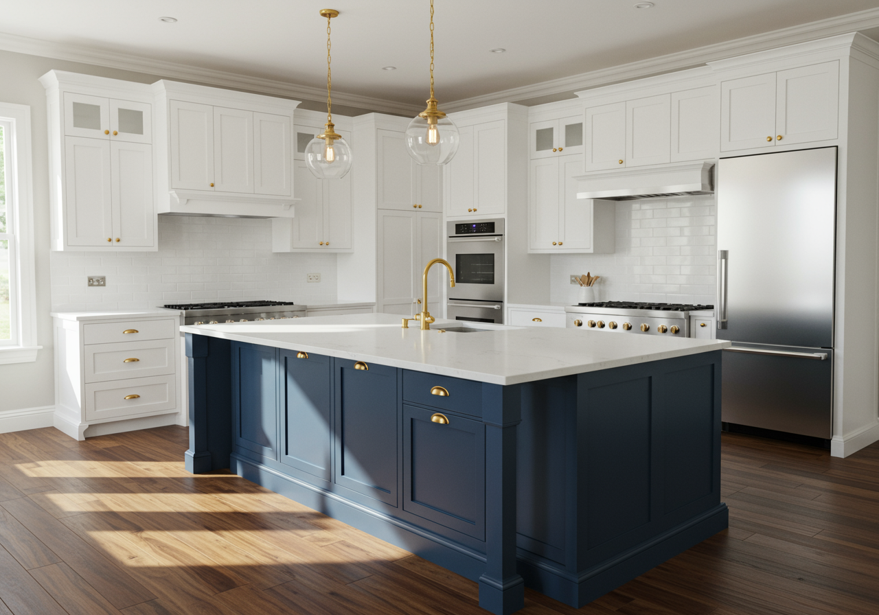 Kitchen with a large navy island, white cabinetry, brass fixtures, and stainless steel appliances.