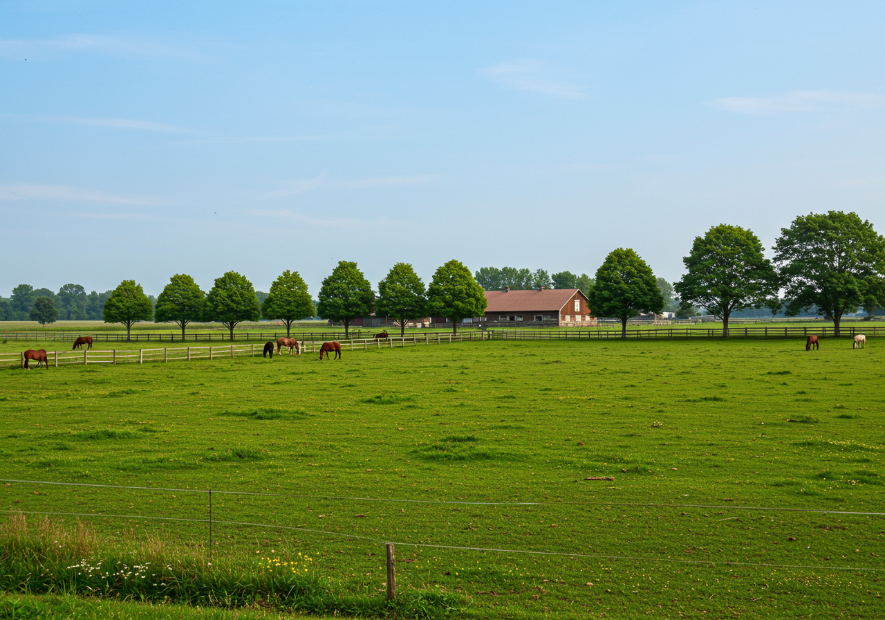 green pasture with wooden fence around it & horses with stables in the back at Northern Ridge Stables of Bridgehampton