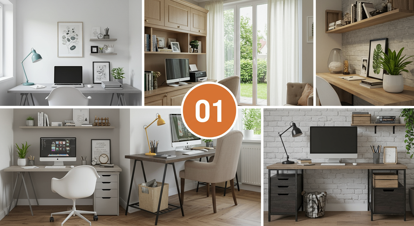 Collage of five home office setups marked “01.”