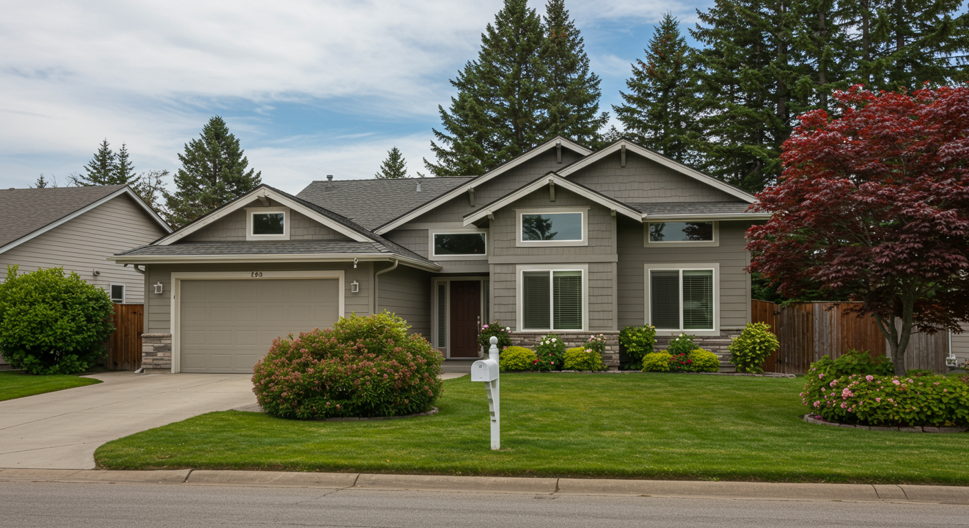 Gray two-story house with a double garage, landscaped lawn, flowering shrubs, and white mailbox.