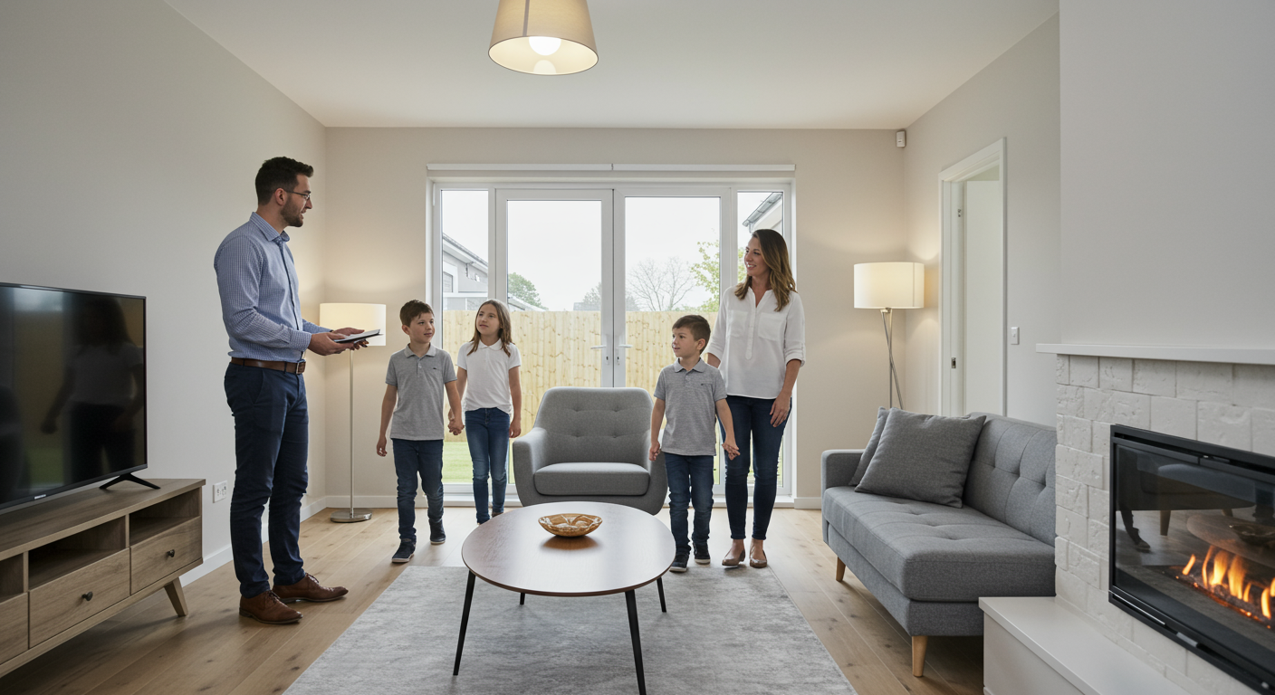 A realtor showing a family a house.