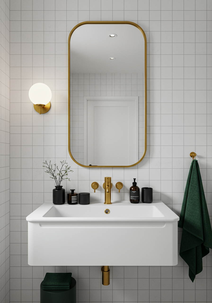 If Bradley had to choose a favorite bathroom design in her portfolio, it would be this guest bathroom. "Incorporating a strong, geometric pattern through the use ofwhite, rectangular mosaic tiles with black grout created the illusion of space," she says.&nbsp;