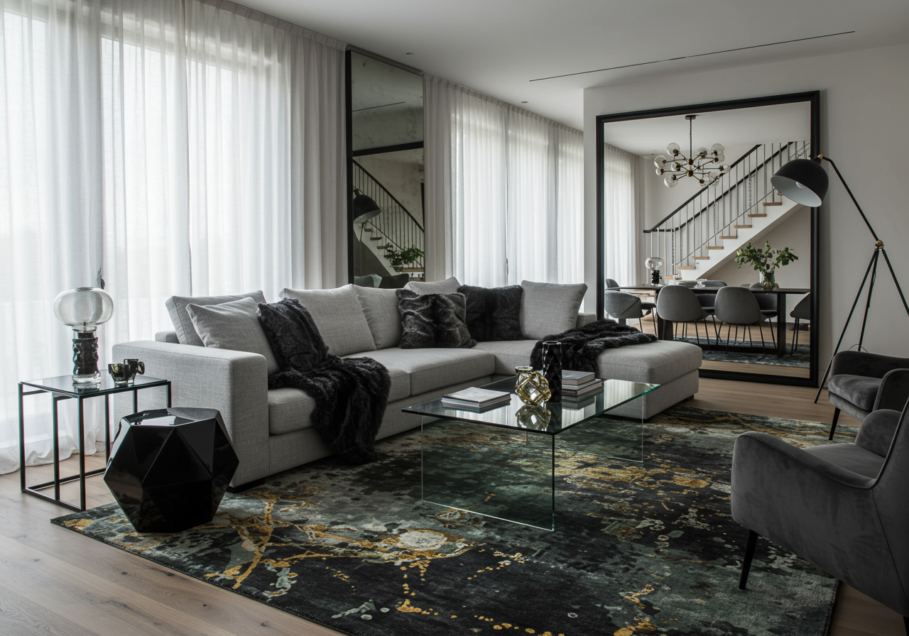 Modern living room with lucite coffee table, black fur throws, and geometric side table.