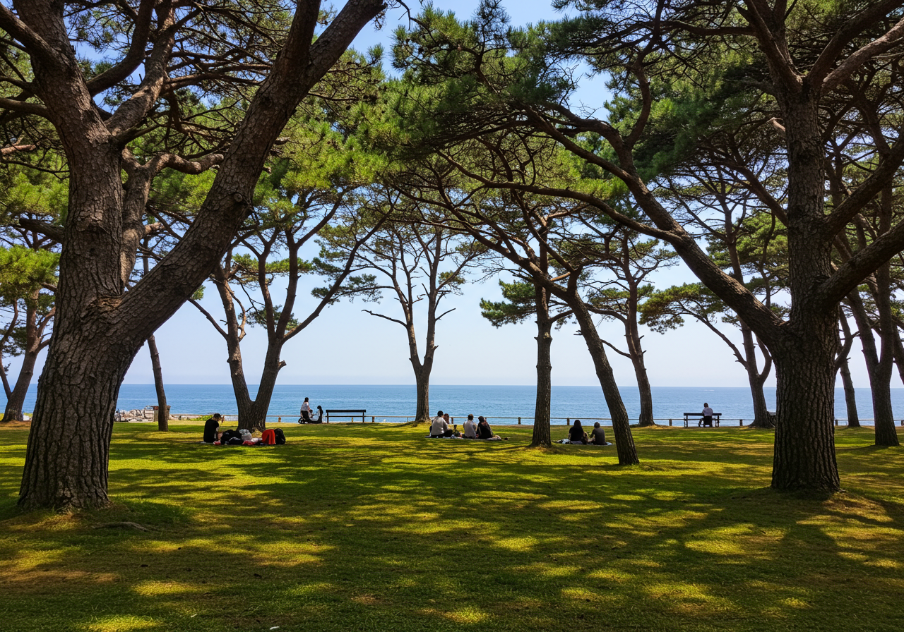 A grove of pine trees provide ample shade at a grassy park. Beyond the park is an overlook of the Pacific Ocean. Visitors rest beneath the shade of the trees. 