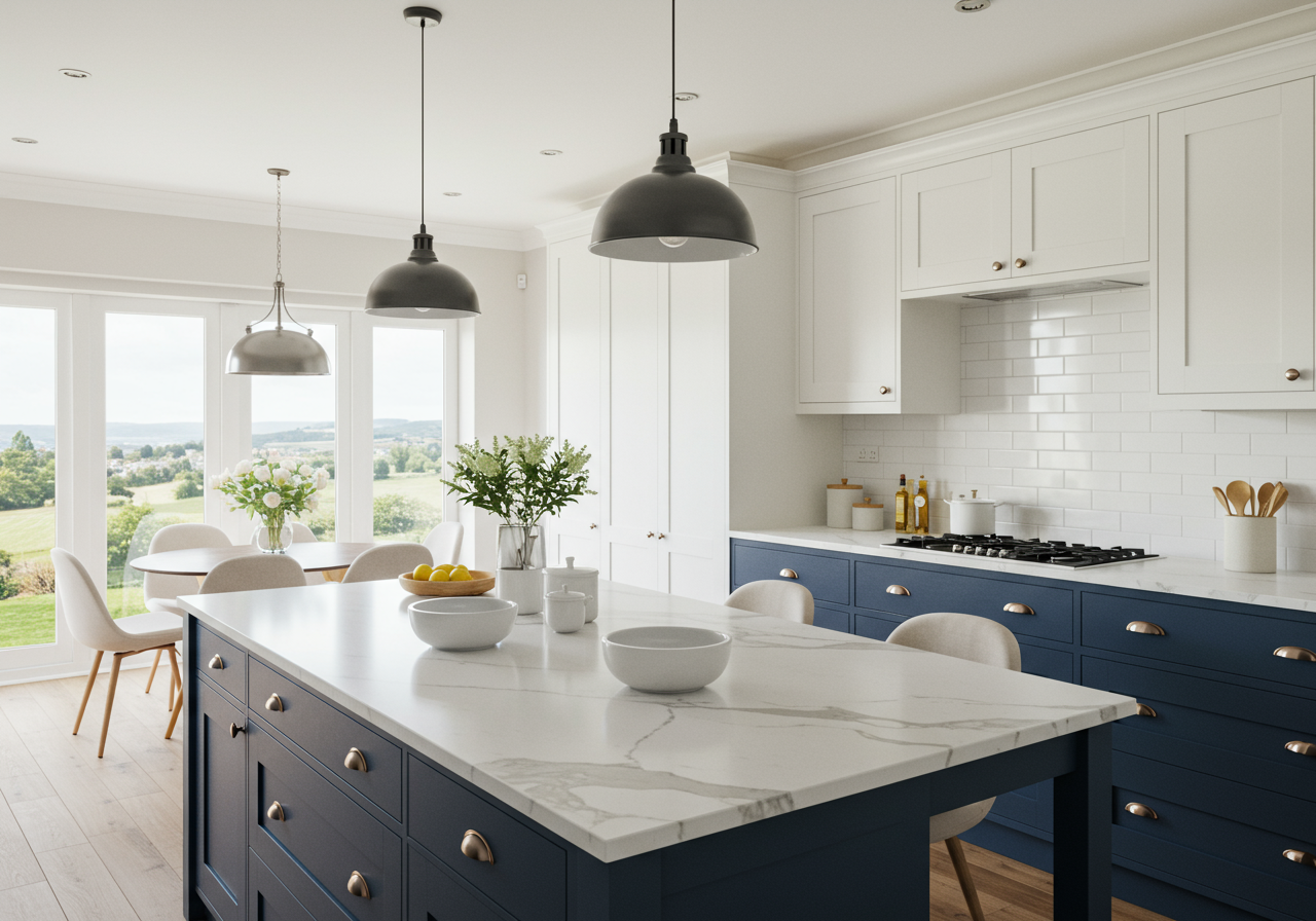 Newly remodeled kitchen with pendant lighting and large window overlooking backyard with city views