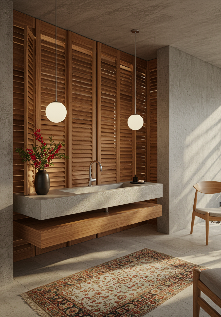 Allied Maker pendants hang above the Freecelldesigned vanity with fixtures by Watermark Designs in the primary bath.