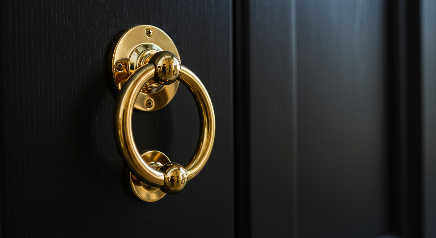 A gold-colored door knocker