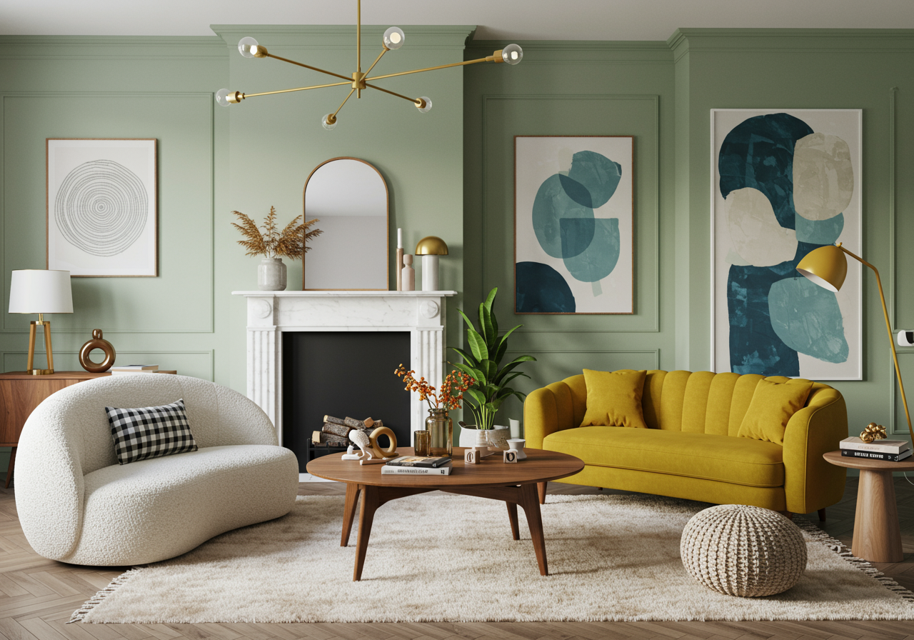a living room in a brooklyn brownstone with a white sofa, yellow sofa, and a cozy rug underneath both