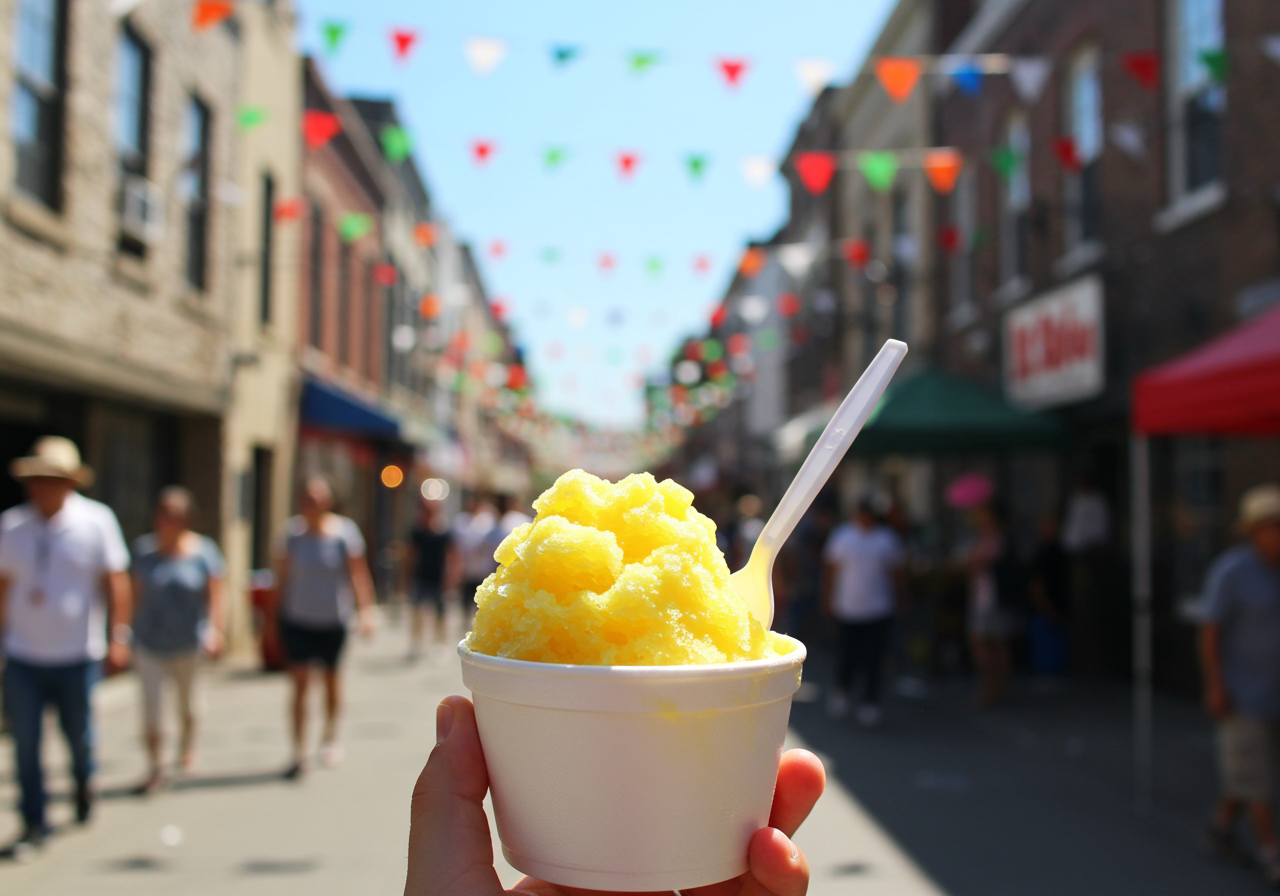 A hand holds up a cup of lemon Italian ice.