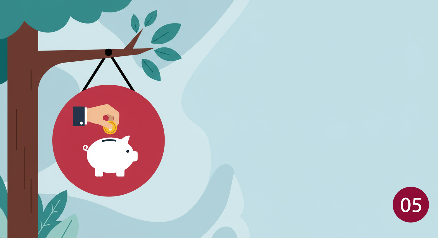 A hand puts a coin into a piggy bank, with the number 05.