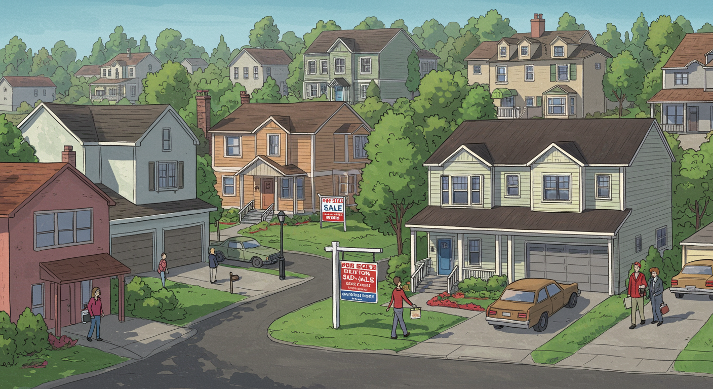 Illustrated neighborhood of detached homes with for-sale signs, people, and parked cars.
