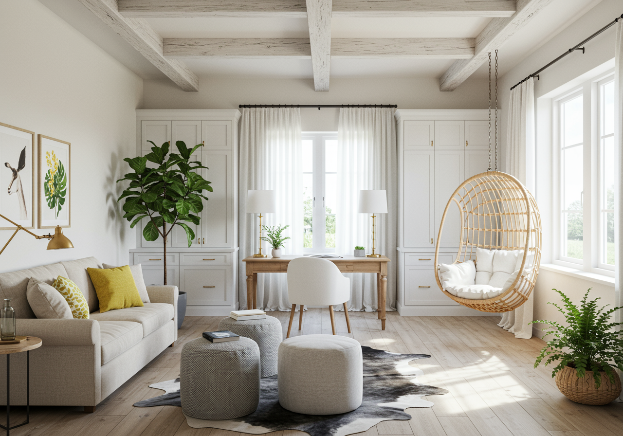 white office with wood beams