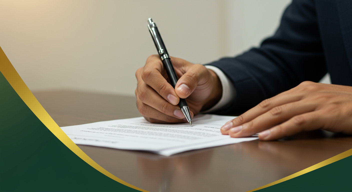 A person signs a document with a black pen while holding the paper steady.