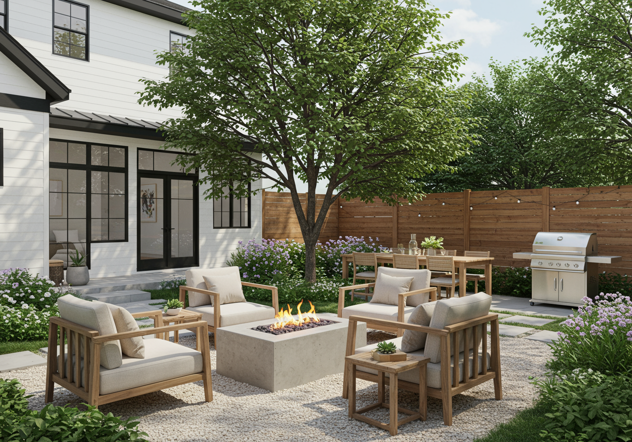 Backyard white house fire pit chairs