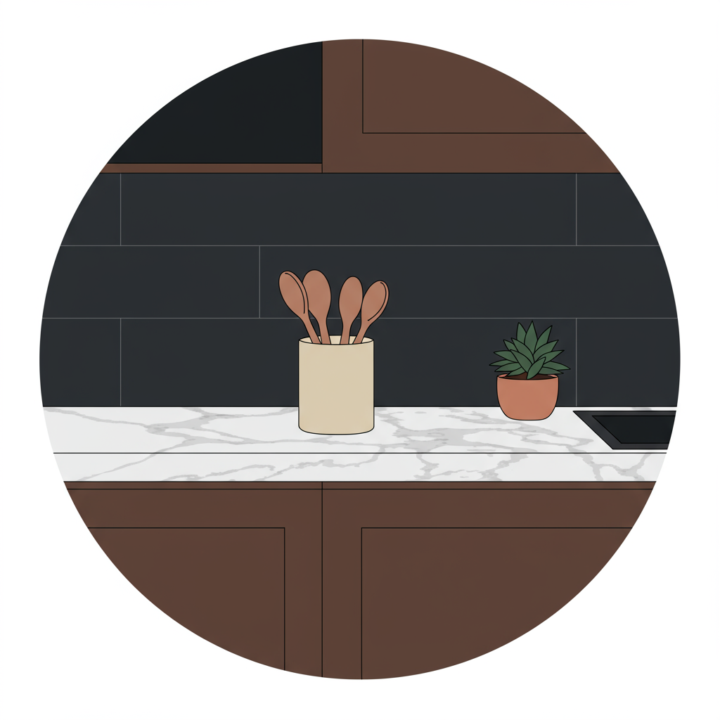Illustrated kitchen counter with wooden utensils, a potted succulent, and a veined countertop.