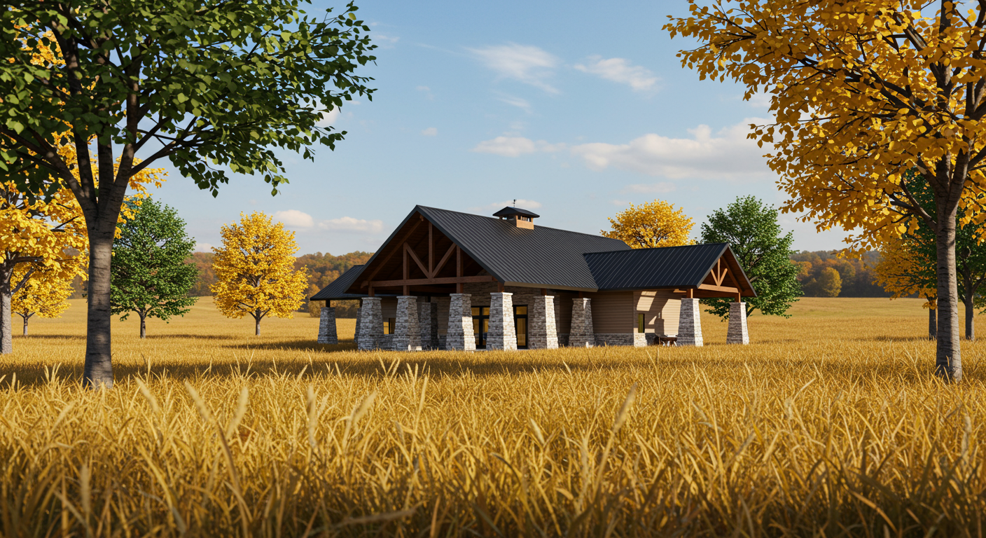 Pavilion-style building with stone columns and a dark gabled roof in an autumn field.