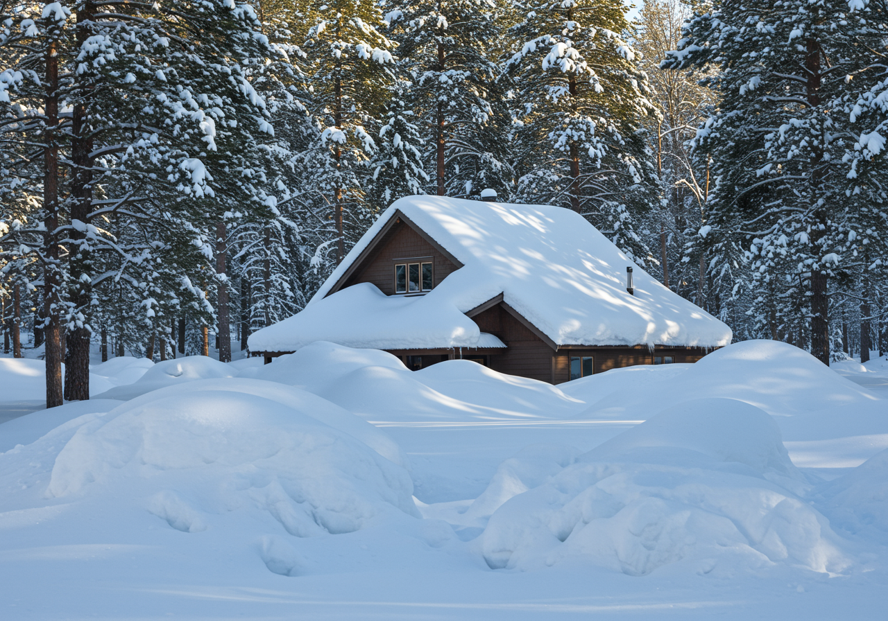 Walls of snow on a road in Mammoth Lakes with a house covered in feet of snow behind the road