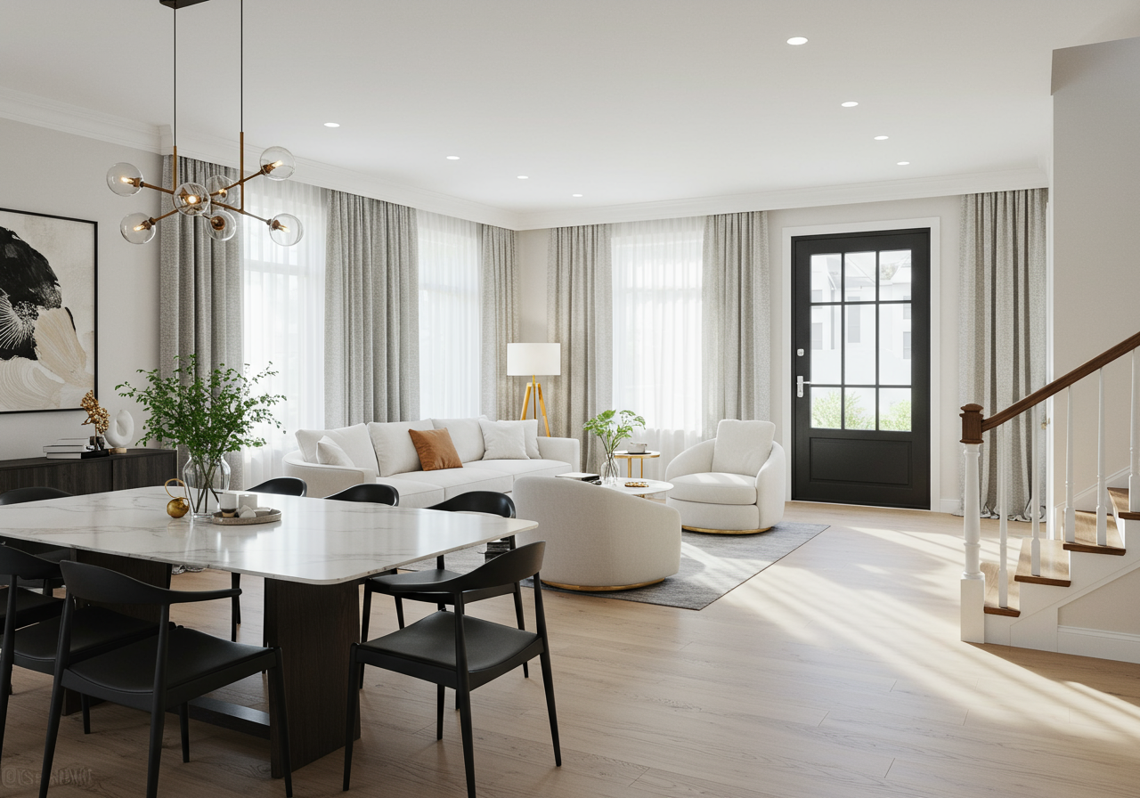 Open-plan living and dining room with a white sofa, black-framed entry door, and staircase.