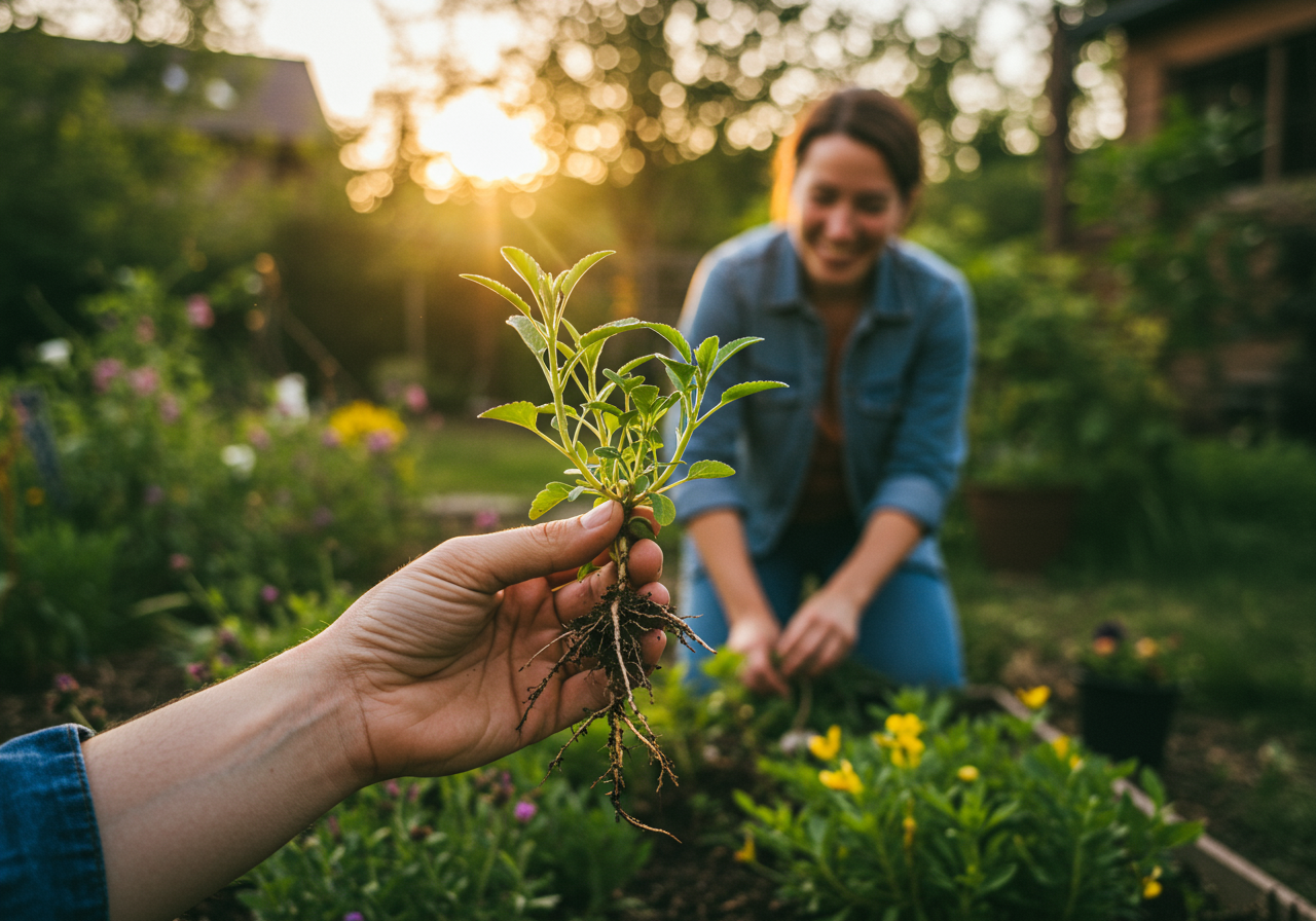 A hand holds a small seedling as a woman tends a flower garden at golden hour.