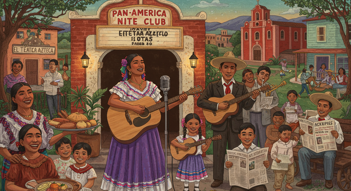 Illustration of a Hispanic neighborhood celebration with guitarists, families, and food outside the Pan-America Nite Club.