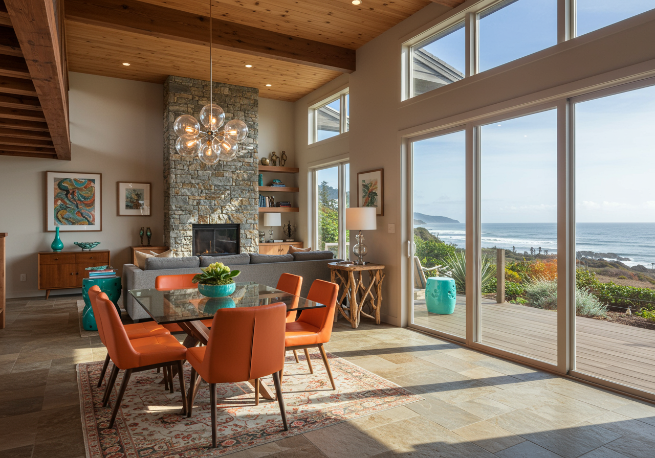Mid-century modern living room and dining room with sliding doors opening to patio and wood beamed ceilings. 