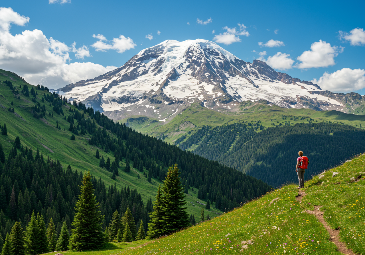 Sporty woman relaxing in alpine meadows and enjoying scenic view of volcano covered with glaciers and snow.