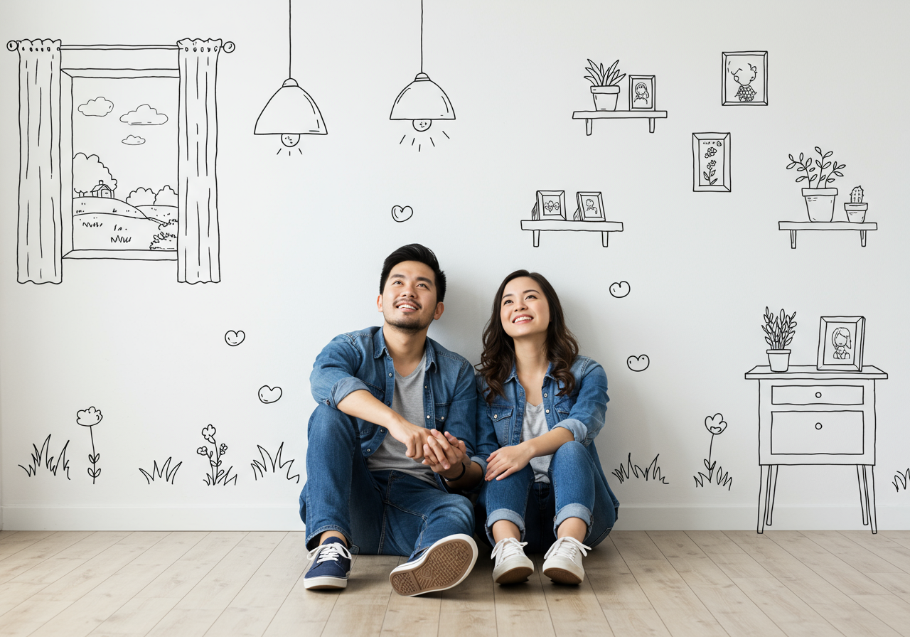 Smiling couple sits together in a room decorated with playful hand-drawn home illustrations.