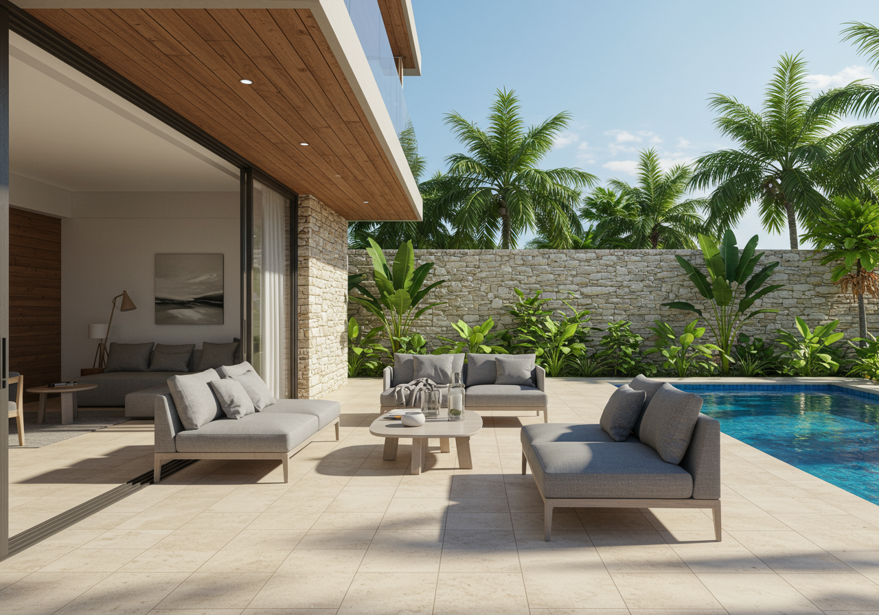 outdoor seating area near pool