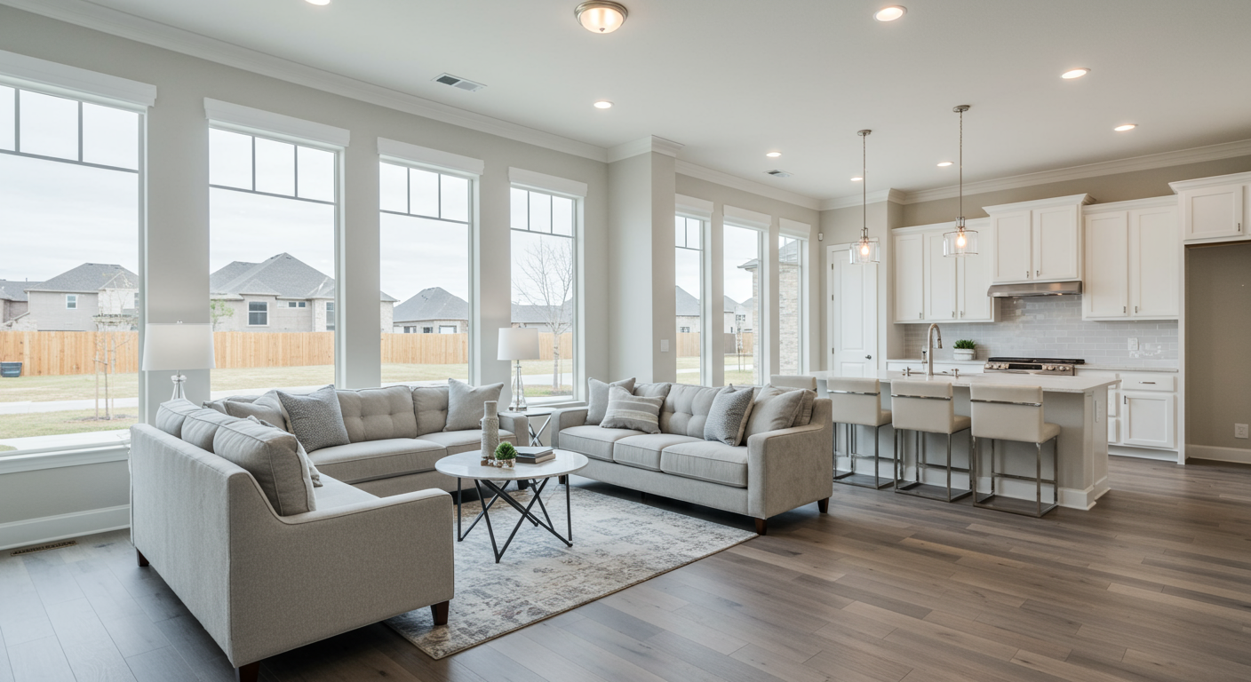 Open-plan living room and kitchen with gray sofas, large windows, and a white island.