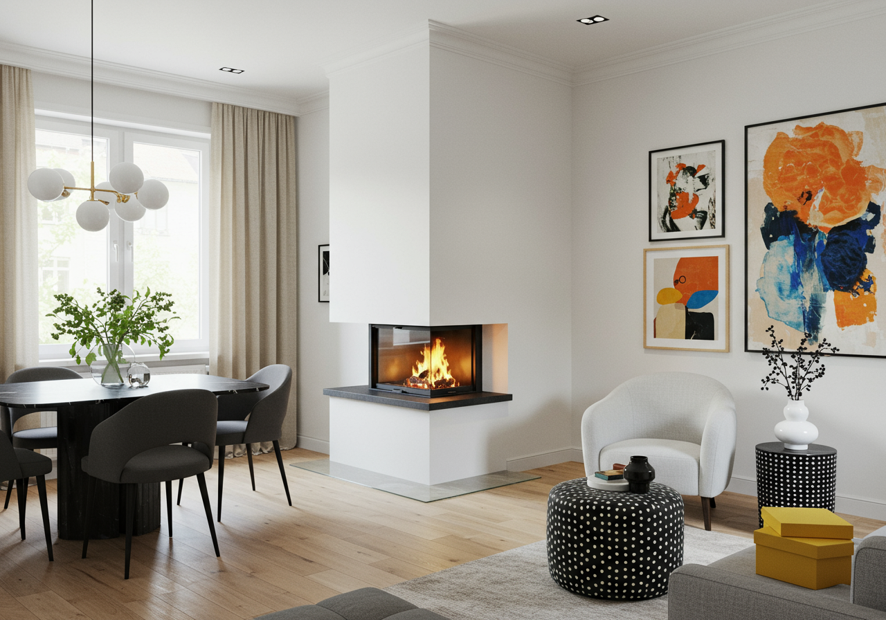 Open-plan living and dining room with a corner fireplace and colorful abstract art.