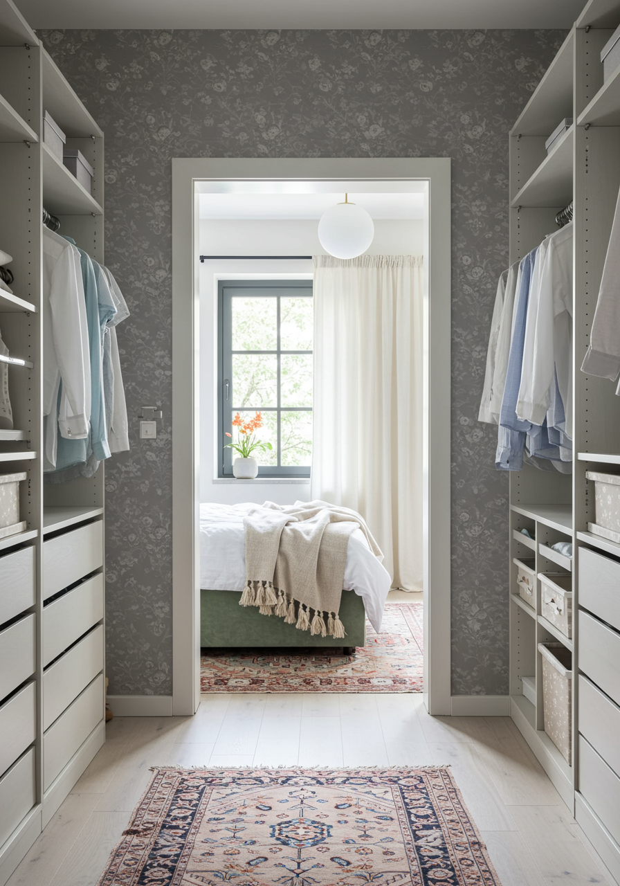 floral wallpapered walk-in closet looking into bedroom