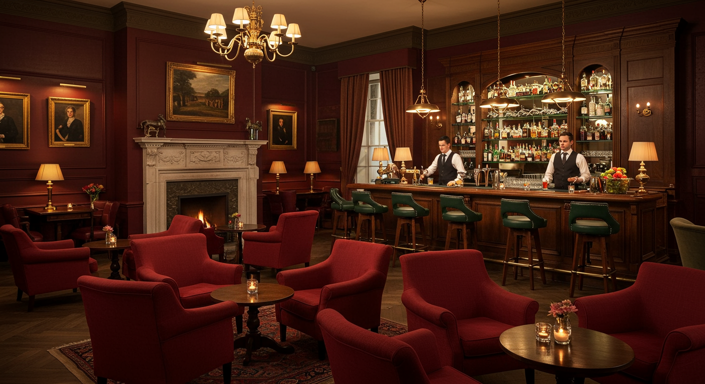 A long L-shaped wooden bar in a red room decorated with ornate furniture and candalabras.