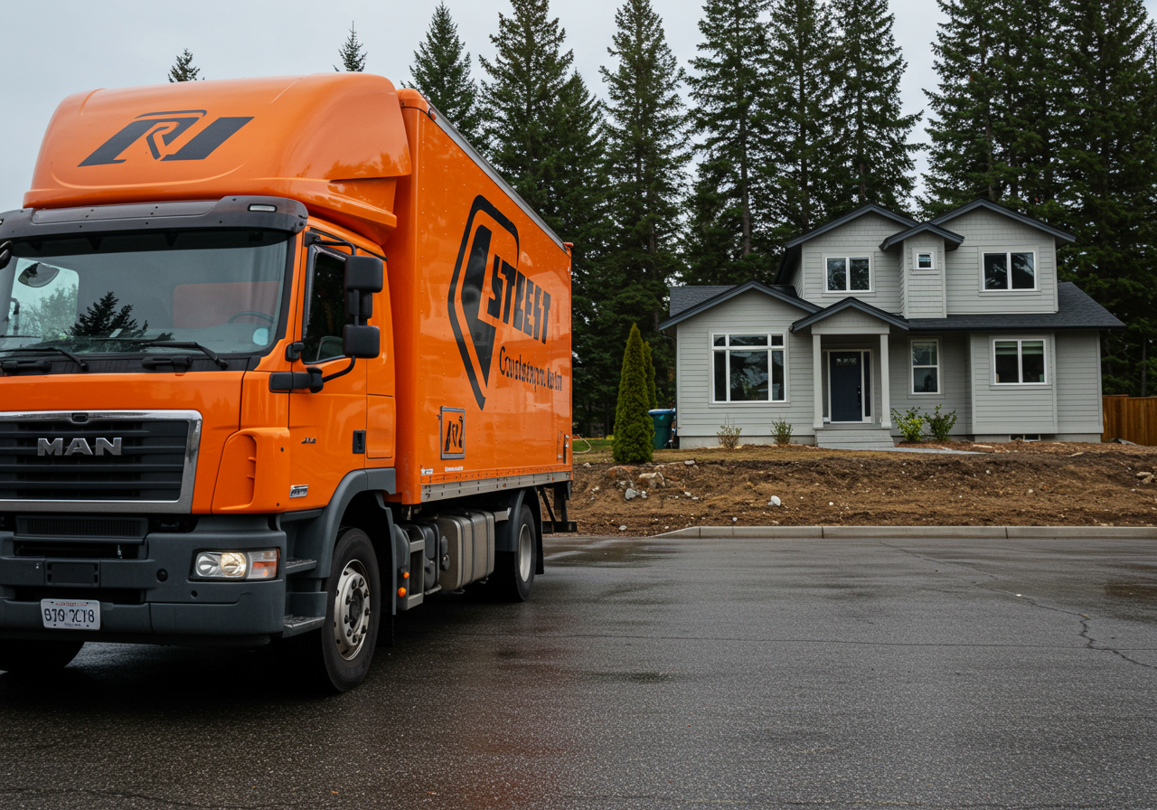 a large professional moving company van parked at the curb of a home