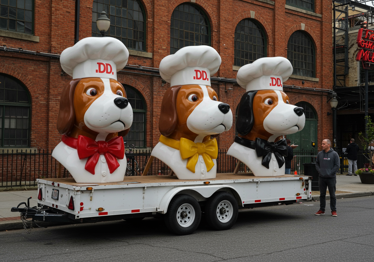 Nick Jumonville of New Orleans looks over a trio of Doggie Diner heads parked outside an art gallery and wine bar for an exhibit opening in San Francisco, Wednesday, Jan. 12, 2005. The characters were once the figureheads atop the two dozen Doggie Diner hot dog stands that existed from 1949 to 1986 in the San Francisco Bay area.