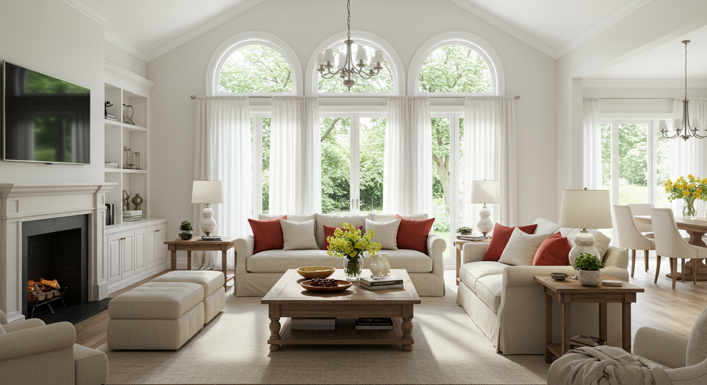 A living room with various furniture with cream-color d&eacute;cor, a stone fireplace, and large windows.