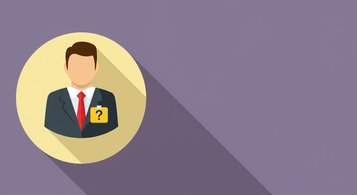 Illustrated real estate agent in a suit with a yellow question-mark badge.