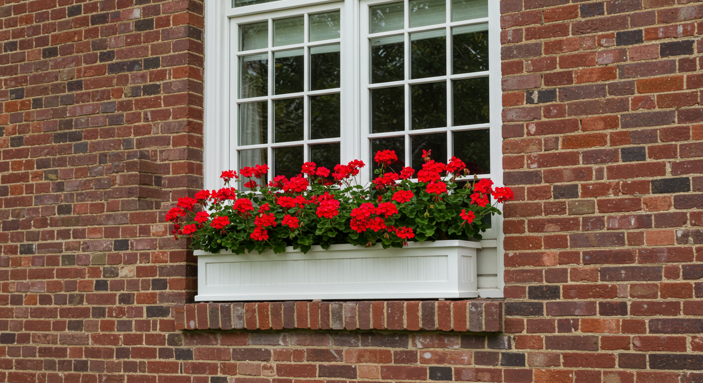 A window sill with a flower box filled with red flowers