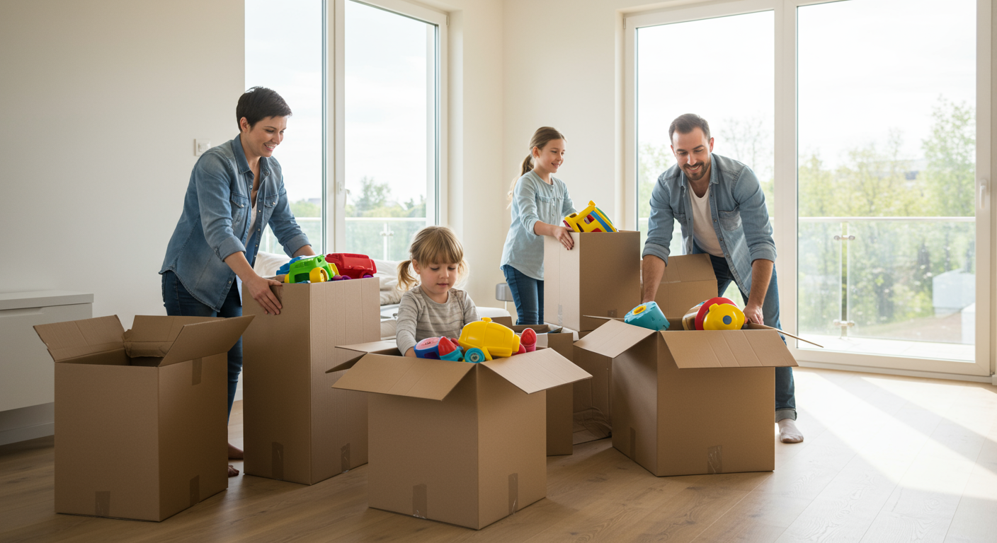 A family with a small child unpacking