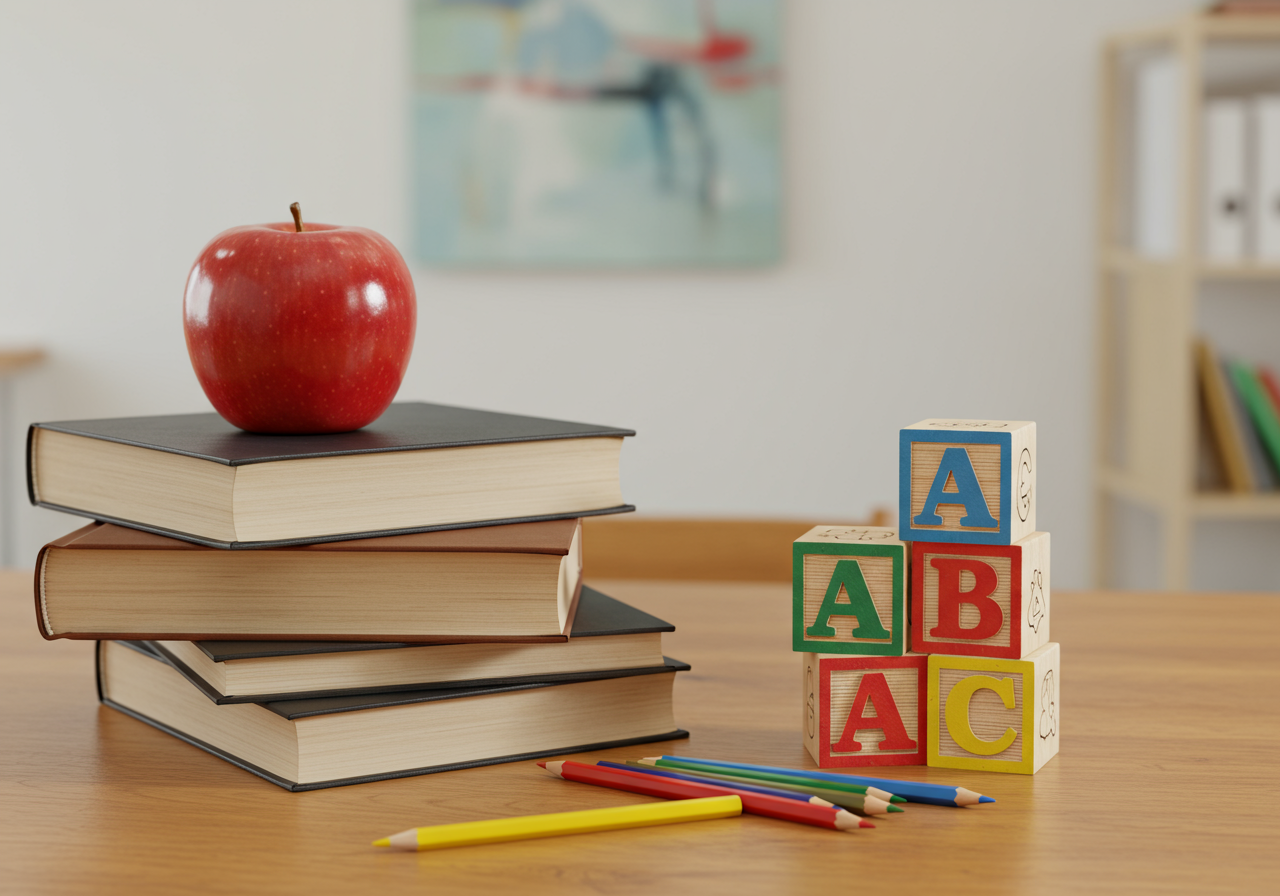Red apple atop stacked books beside alphabet blocks and colored pencils.