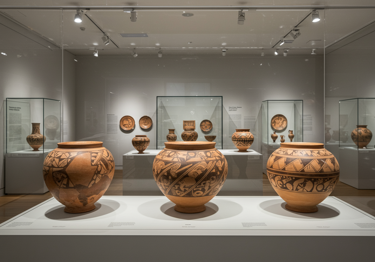 Pots by Nampeyo installed in the de Young museum galleries