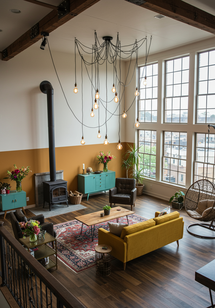 eclectic living room interior with design furniture