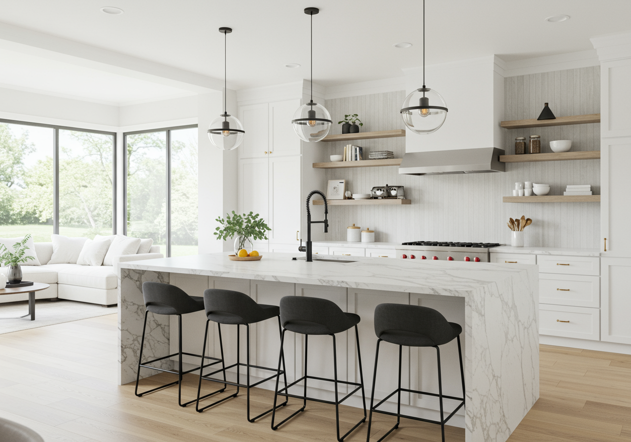Modern luxurious open concept kitchen with waterfall island