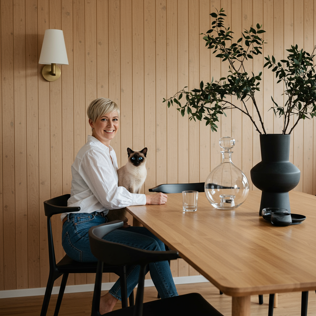 Image may contain: Heidi Gardner, Indoors, Interior Design, Person, Sitting, Chair, Furniture, Adult, Plant, and Wood Panels