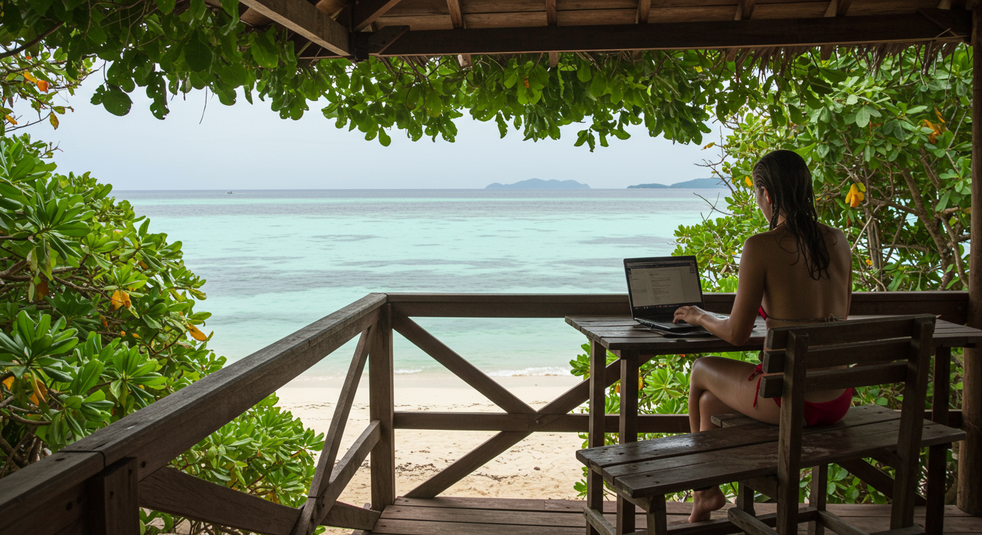 Digital nomad Woman Working With a Beach View