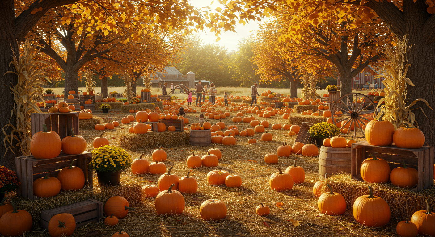 A child explores a pumpkin patch