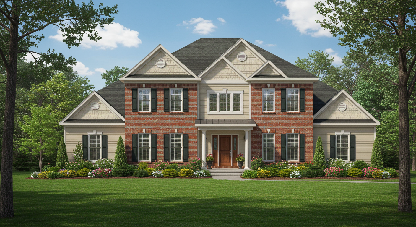 Two-story brick-and-siding house with multiple gables, flower beds, and a broad front lawn.